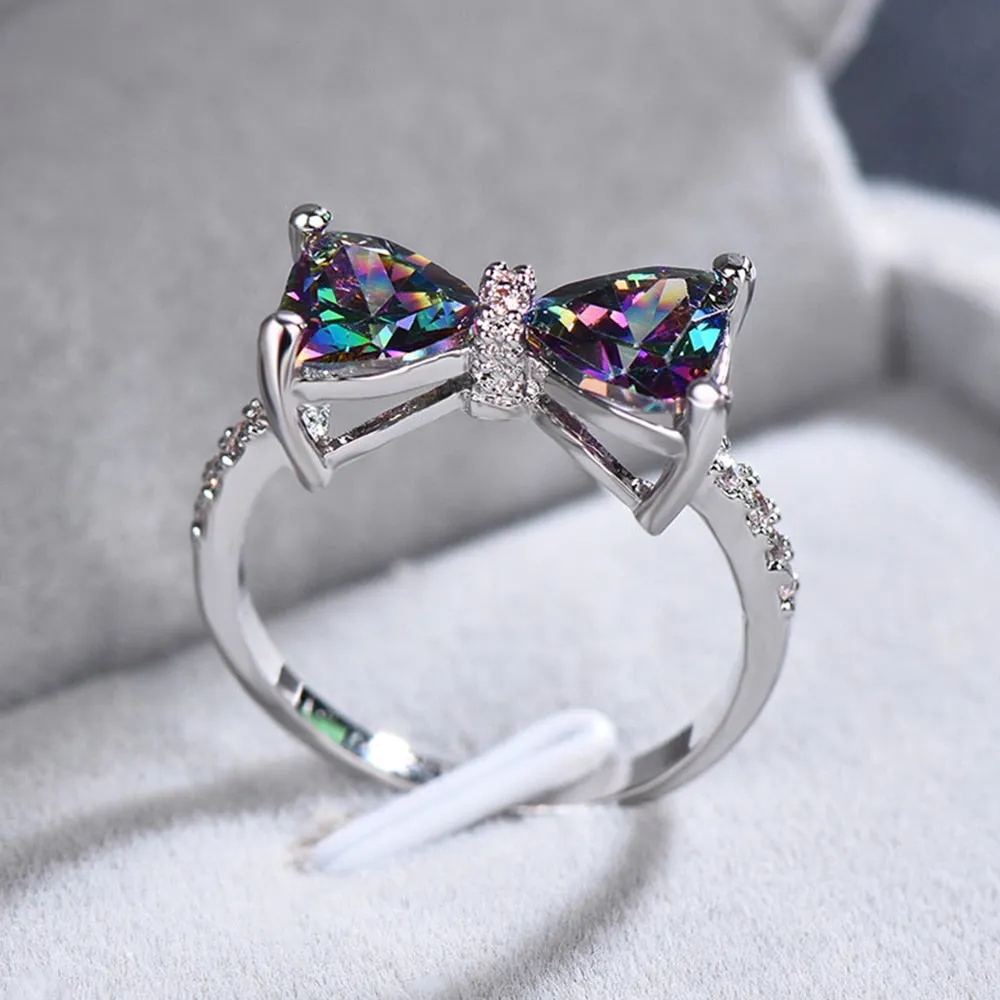 Huitan Personality Multi-colored CZ Bow Rings for Women Fancy Bride Wedding Ceremony Party Finger-ring Nice Gift Fashion Jewelry