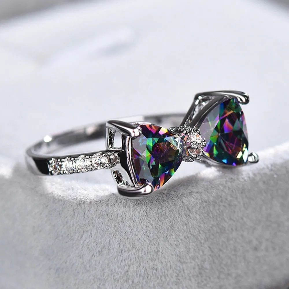 Huitan Personality Multi-colored CZ Bow Rings for Women Fancy Bride Wedding Ceremony Party Finger-ring Nice Gift Fashion Jewelry