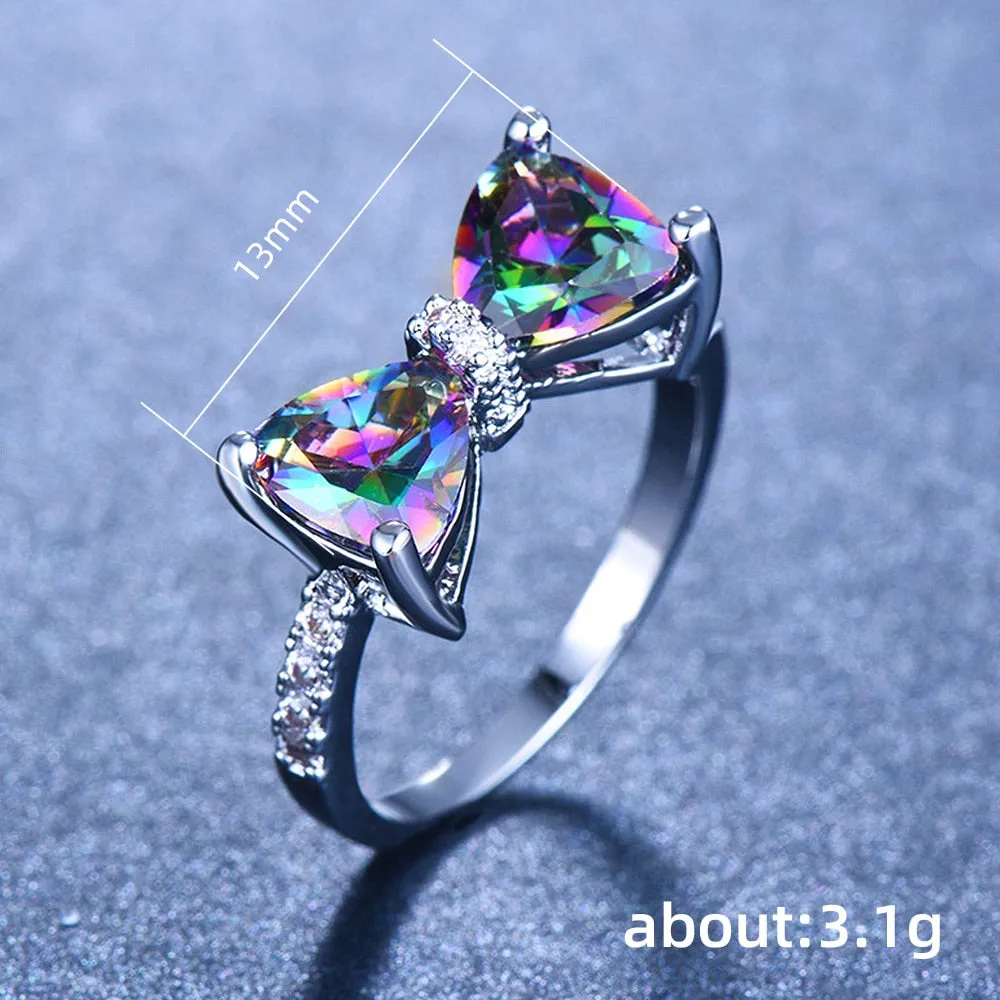 Huitan Personality Multi-colored CZ Bow Rings for Women Fancy Bride Wedding Ceremony Party Finger-ring Nice Gift Fashion Jewelry