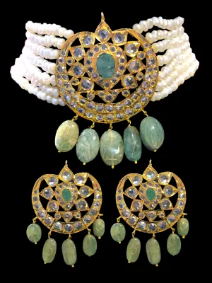 Hyderabadi fresh water pearls with emerald choker in gold plated silver ( SHIPS IN 5 WEEKS )