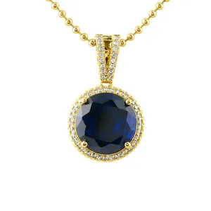 Lab Sapphire Blue Round Gem Bling Bling Pendant