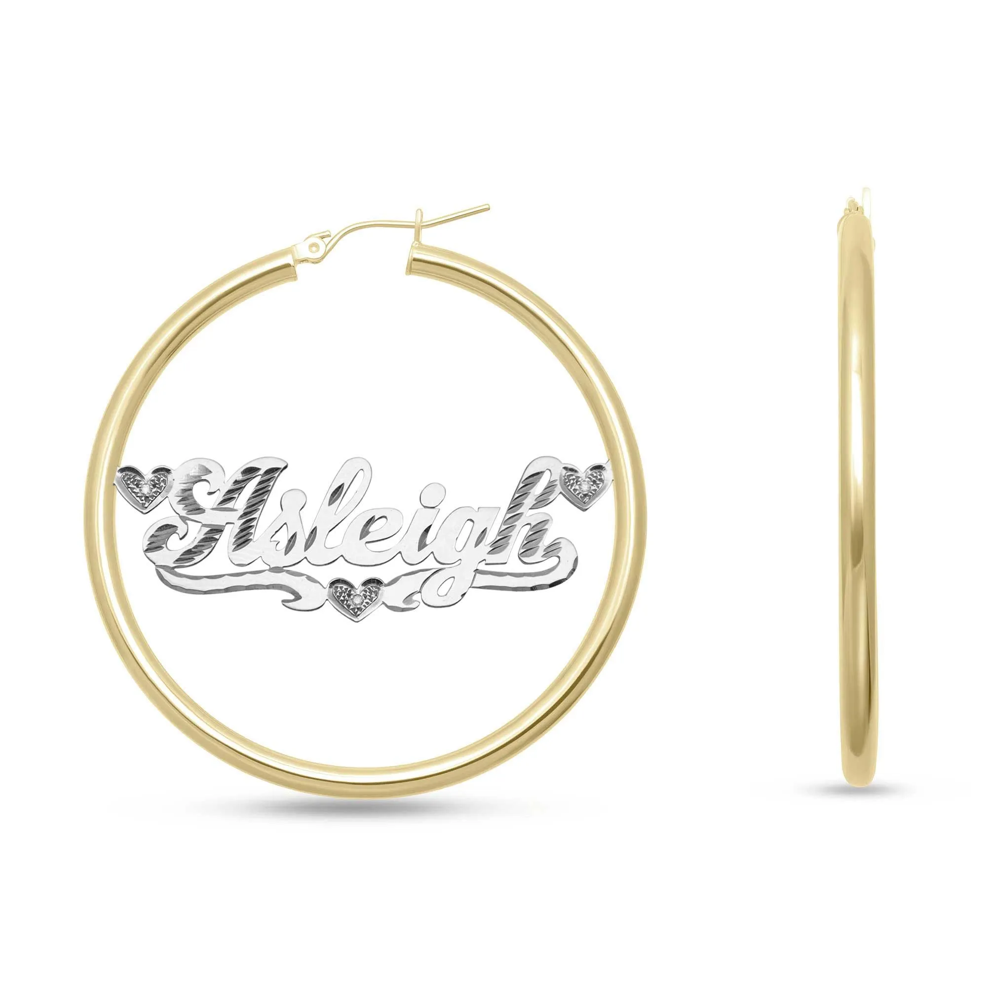 Ladies Diamond Script Name Plate Hoop Earrings 14K Gold - Style 131