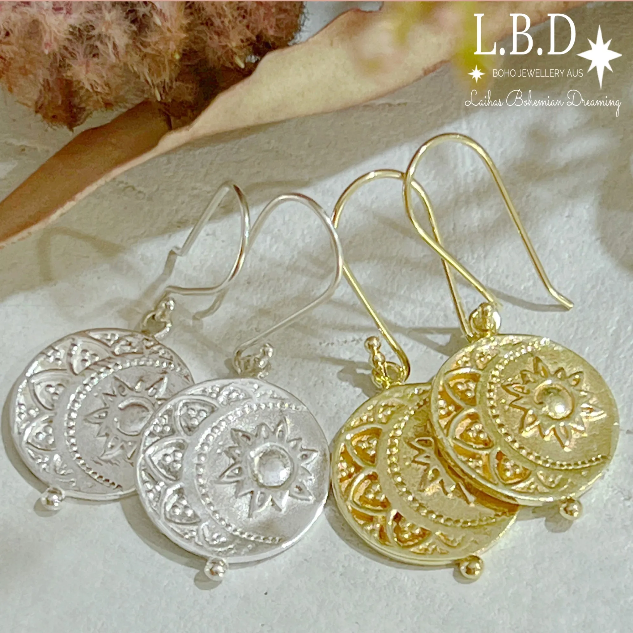 Laihas La Luna Sun and Moon Gold Boho Earrings