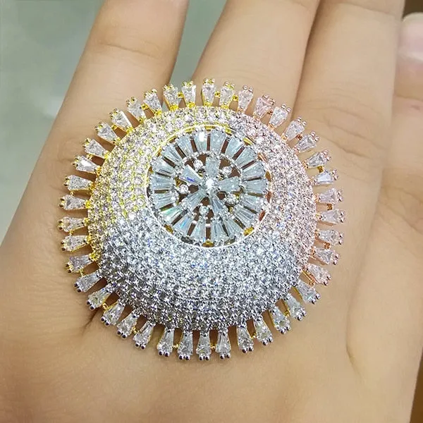 Luxury 3 Tone Engagement Bridal Cubic Zircon Flower Rings