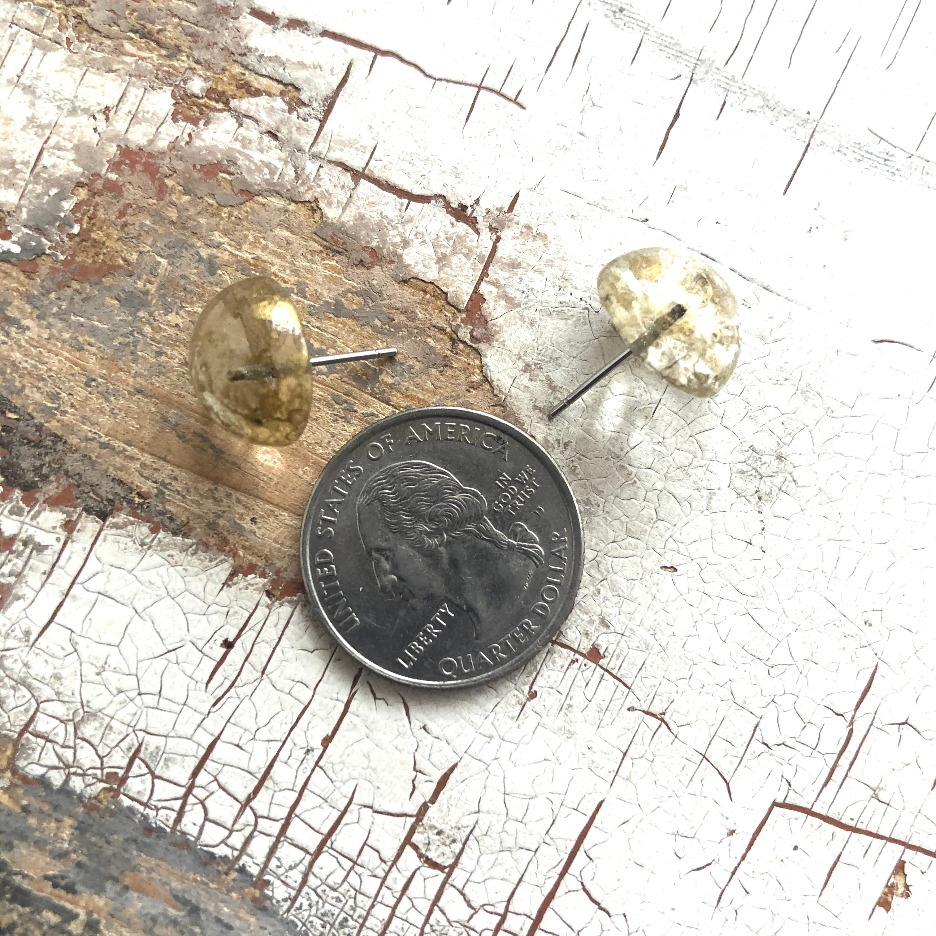 Metallic Gold Mercury Lucite Retro Button Stud Earrings