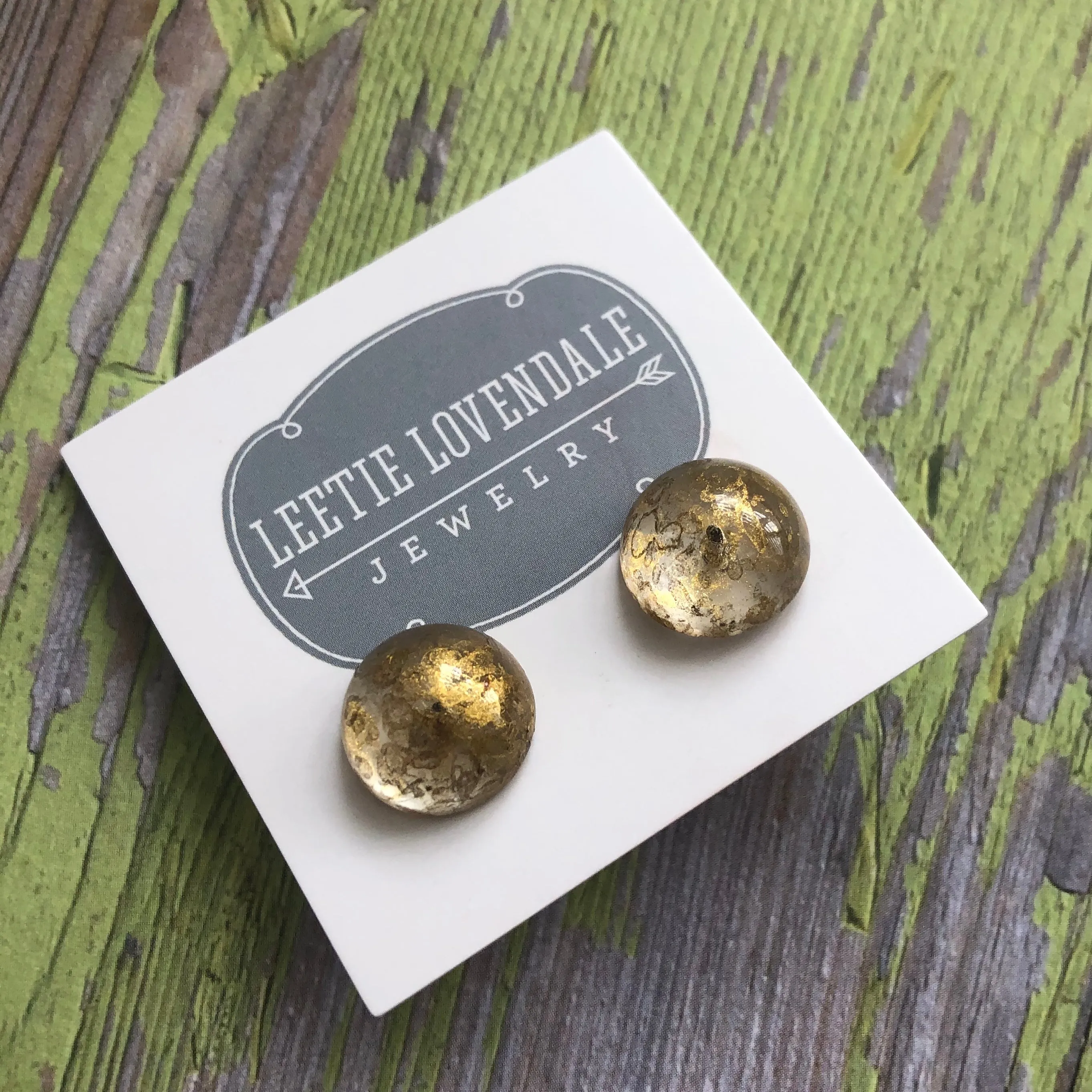 Metallic Gold Mercury Lucite Retro Button Stud Earrings