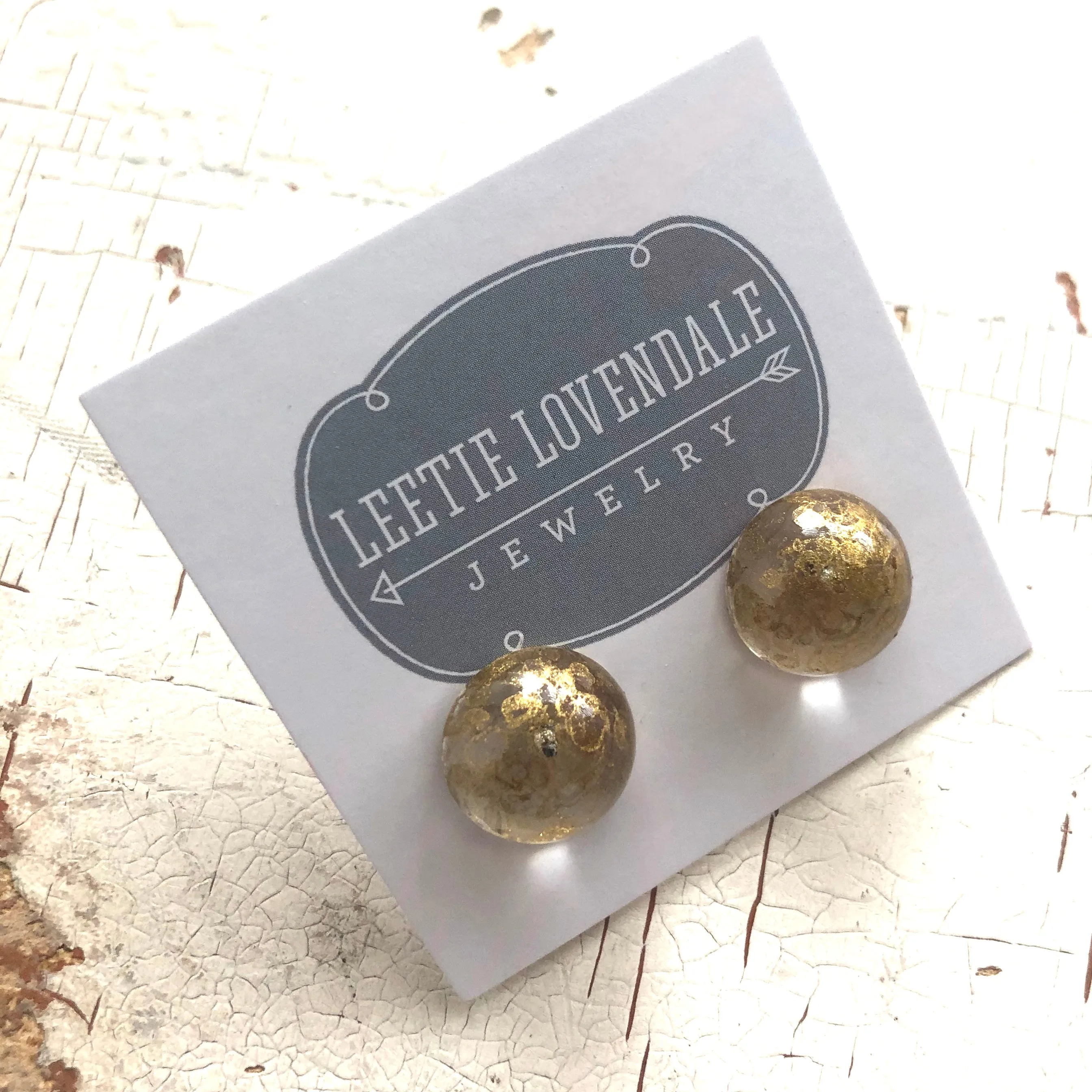 Metallic Gold Mercury Lucite Retro Button Stud Earrings