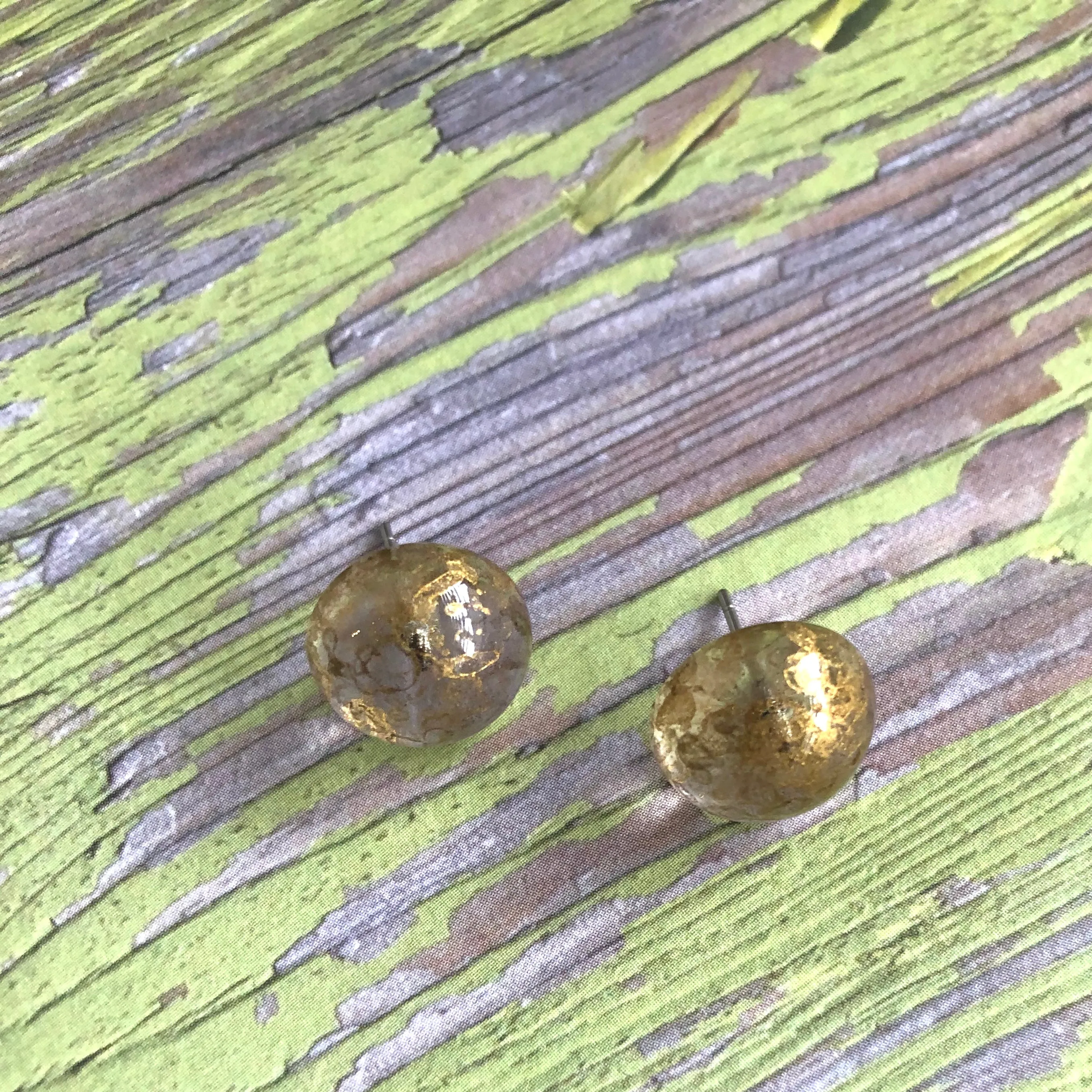 Metallic Gold Mercury Lucite Retro Button Stud Earrings