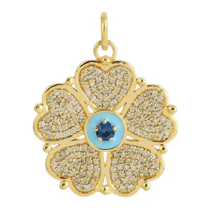 Micro Pave Diamond Sapphire Clover Leaf Design Pendant 14k Yellow Gold