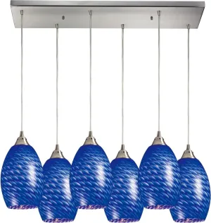 Mulinello 6 Light Pendant In Satin Nickel and Sapphire Glass