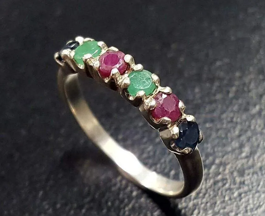 Multistone Ruby Ring - Genuine Emerald Ring - Natural Sapphire Ring