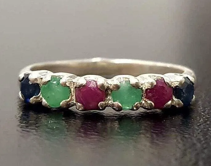 Multistone Ruby Ring - Genuine Emerald Ring - Natural Sapphire Ring