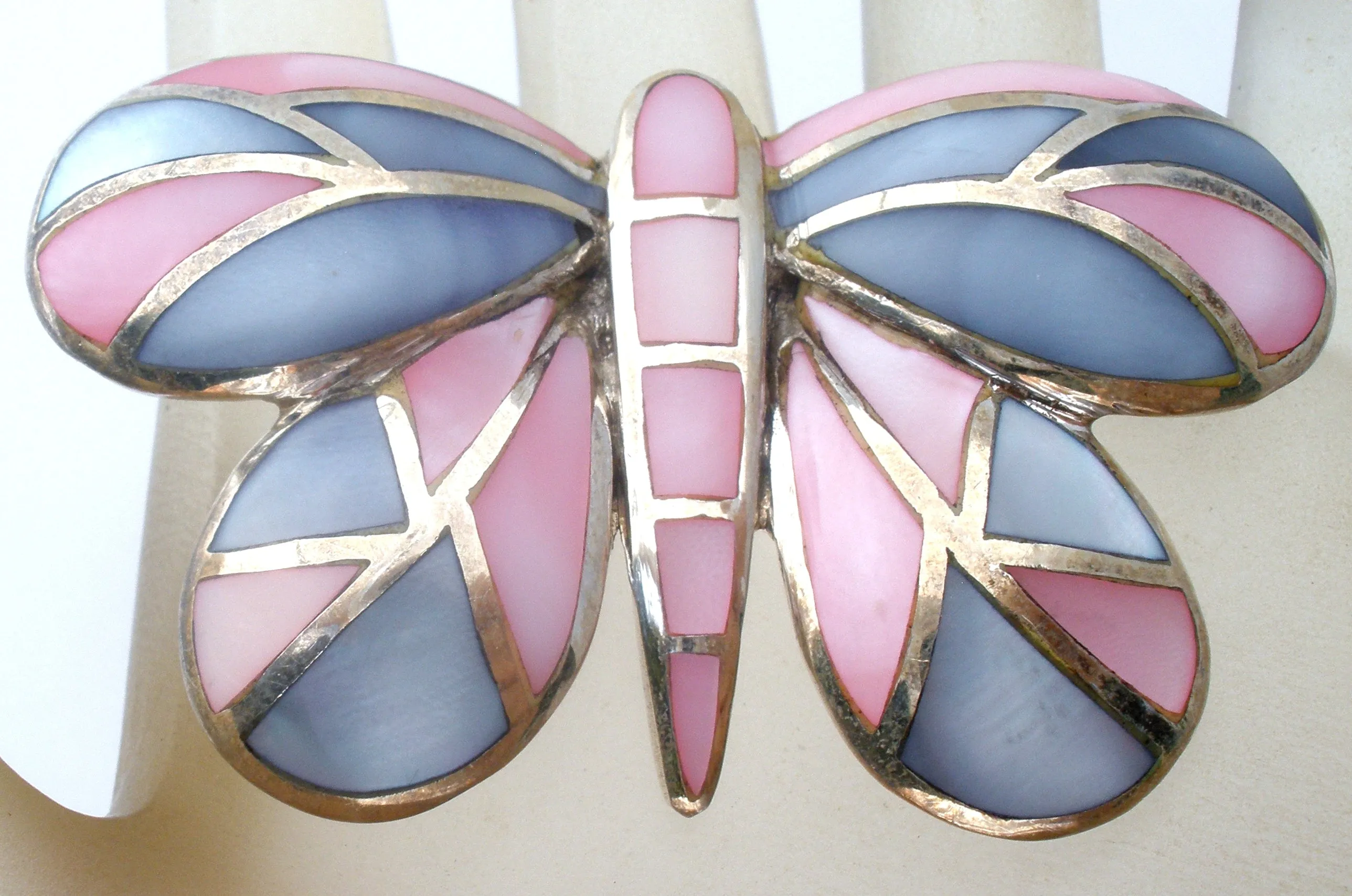 Pink & Blue Mother Of Pearl Butterfly Brooch Sterling Silver