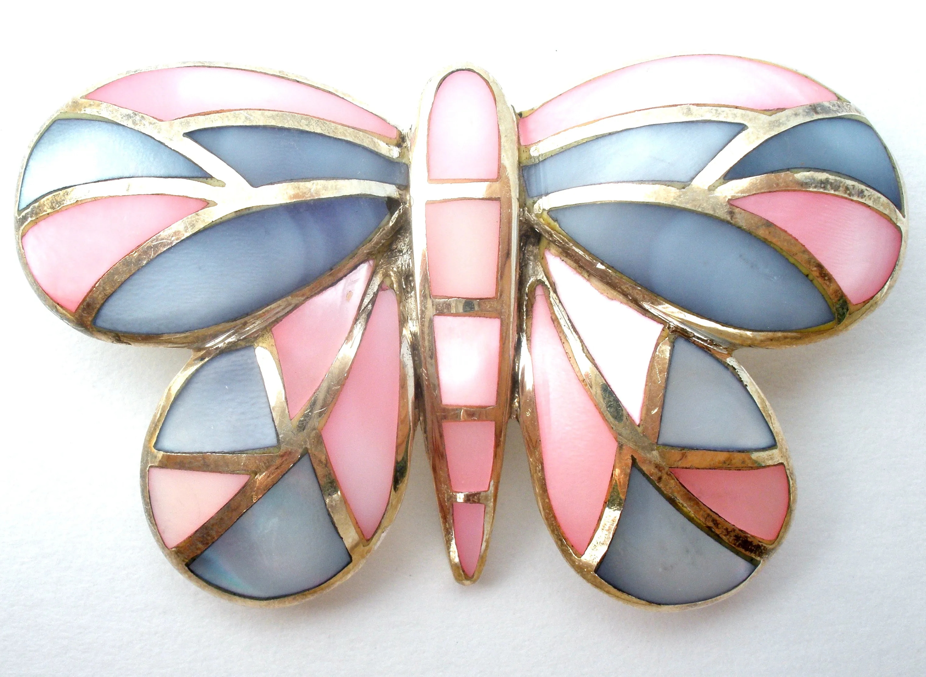 Pink & Blue Mother Of Pearl Butterfly Brooch Sterling Silver