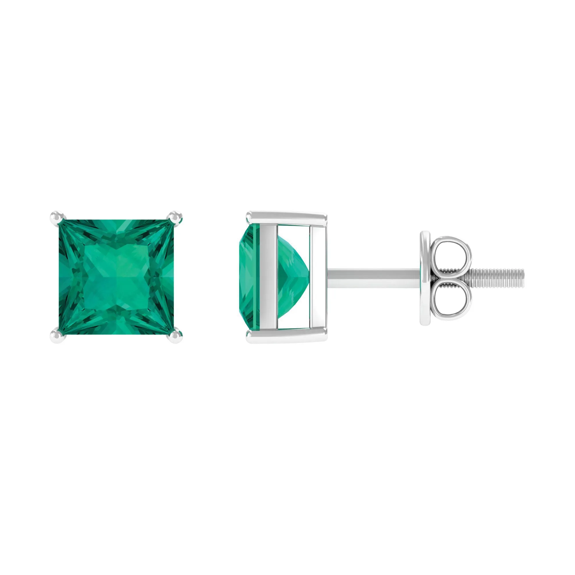 Princess Cut Natural Emerald Simple Solitaire Stud Earrings