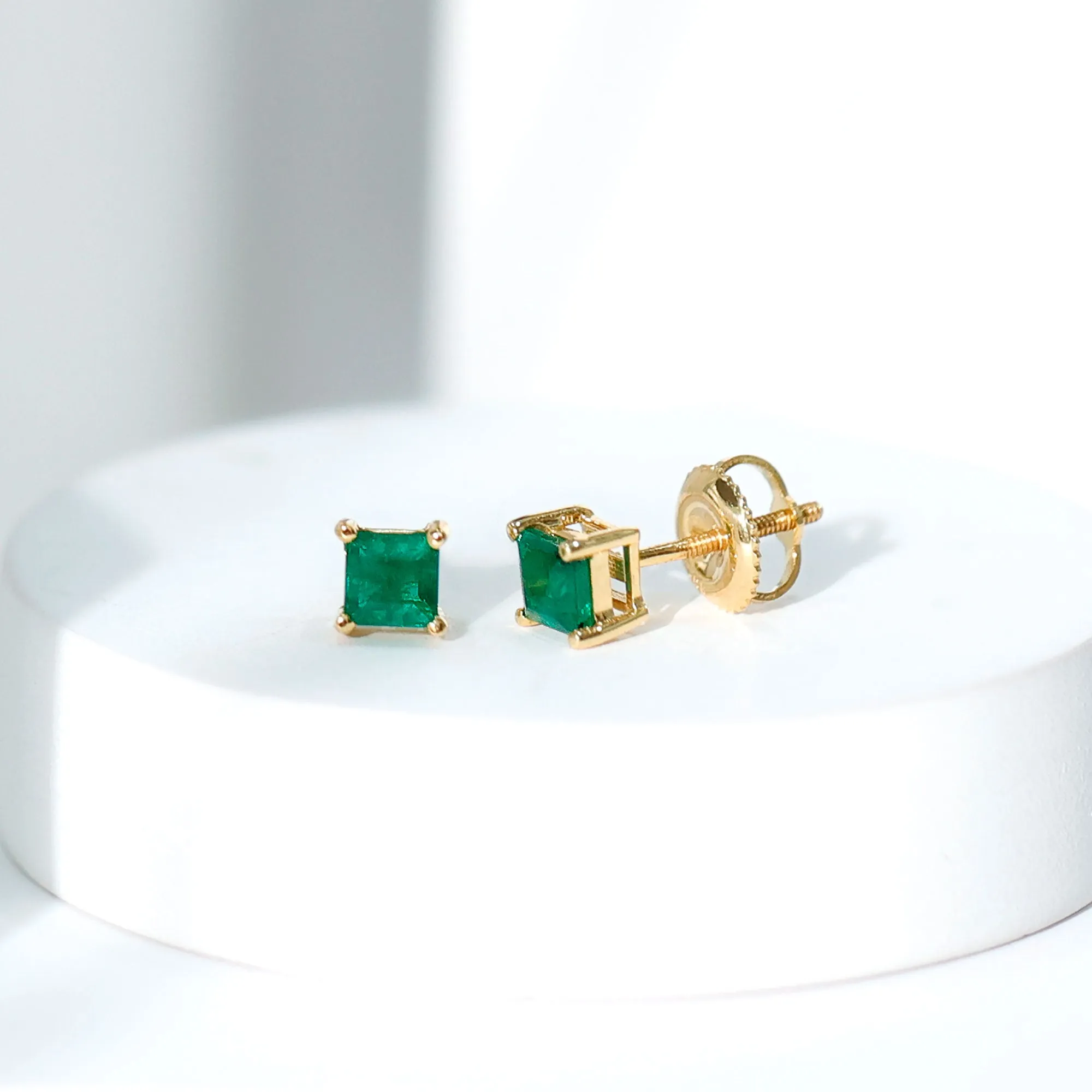 Princess Cut Natural Emerald Simple Solitaire Stud Earrings