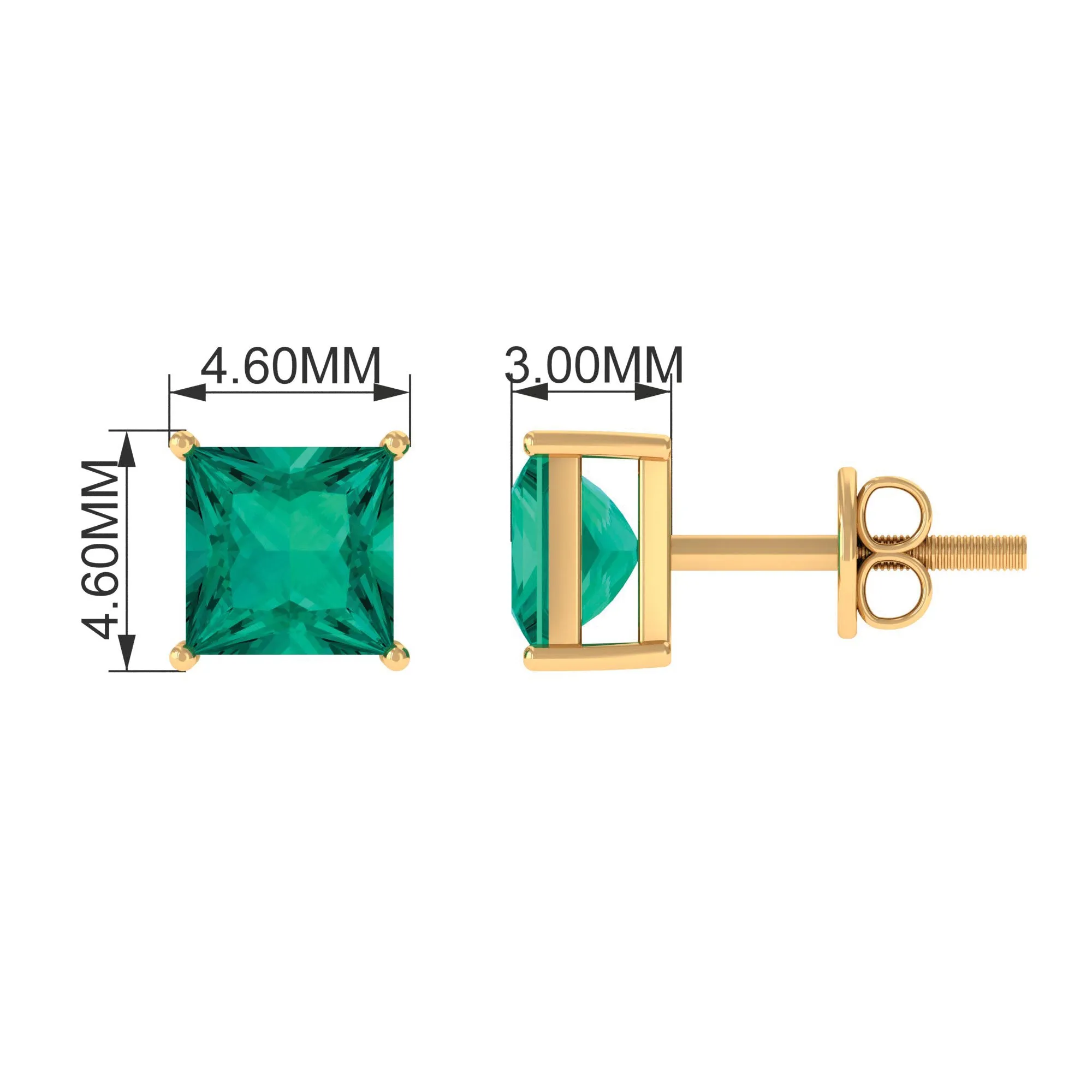 Princess Cut Natural Emerald Simple Solitaire Stud Earrings