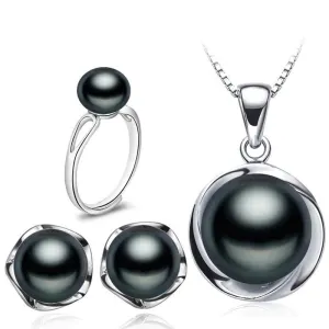 Real Natural Freshwater Pearl 925 Sterling Silver Necklace Earring  and Ring  Set