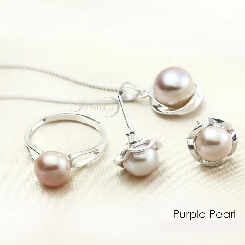 Real Natural Freshwater Pearl 925 Sterling Silver Necklace Earring  and Ring  Set