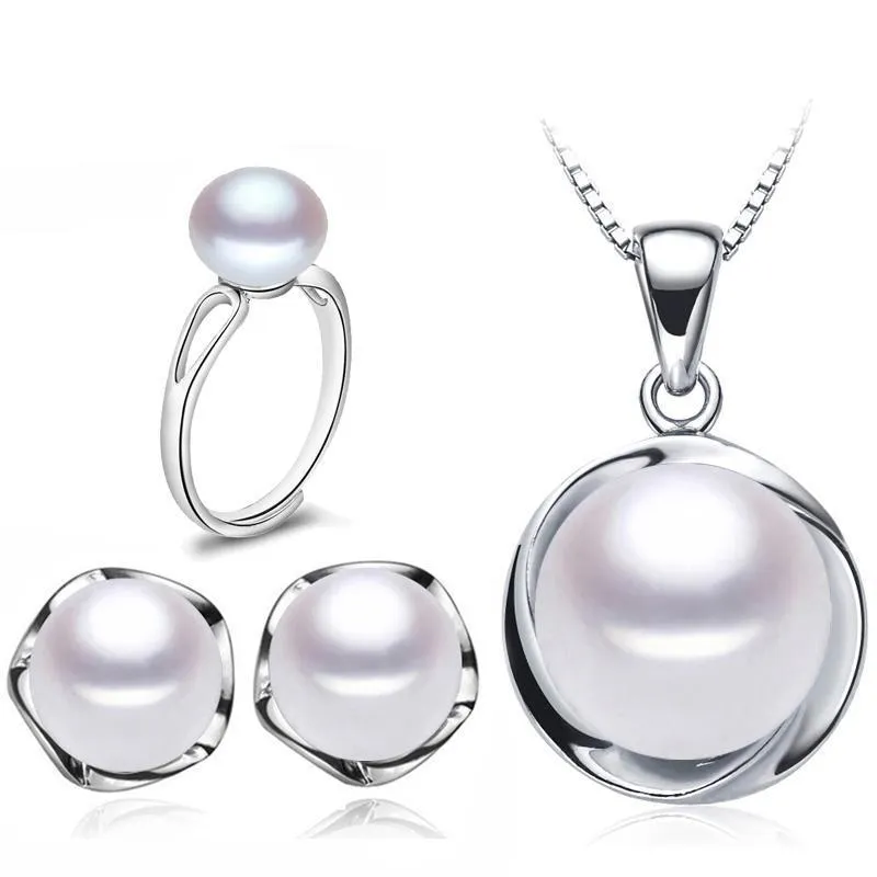 Real Natural Freshwater Pearl 925 Sterling Silver Necklace Earring  and Ring  Set