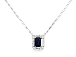 Rectangular Sapphire Diamond Halo Pendant Necklace in 14k White Gold