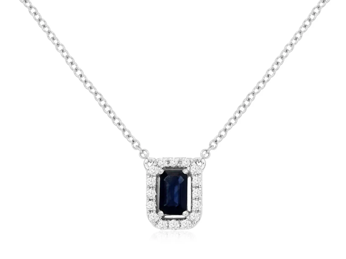 Rectangular Sapphire Diamond Halo Pendant Necklace in 14k White Gold