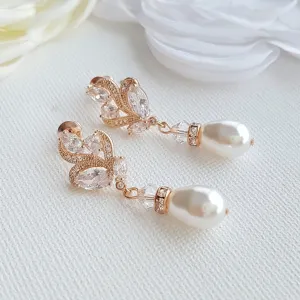 Rose Gold Bridal Earrings With Pearl Drops-Wavy