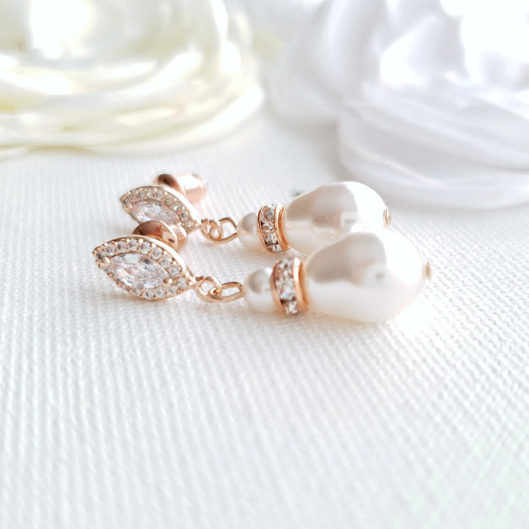 Rose Gold Pearl Teardrop Earrings for Brides- Ella