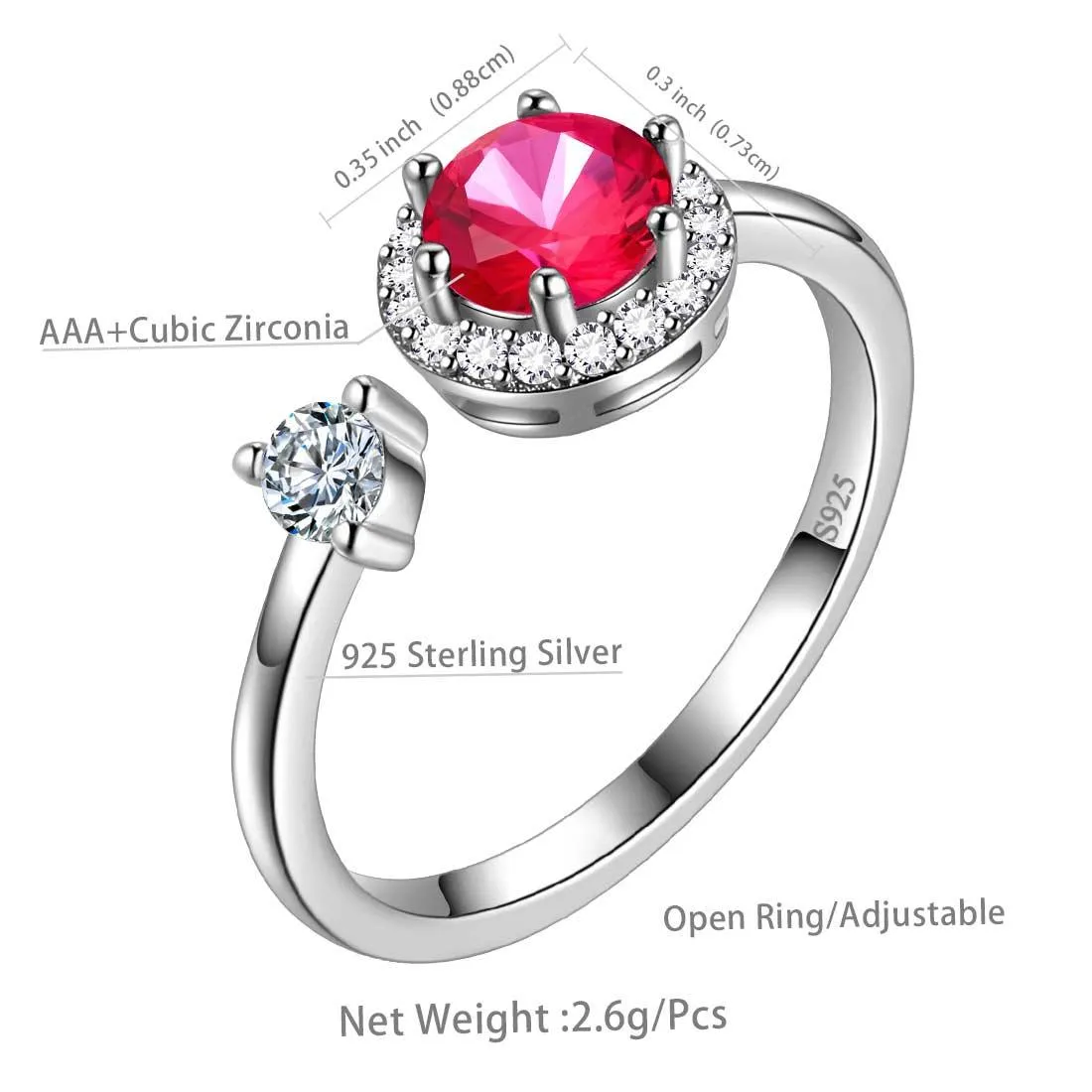 Round Birthstone July Ruby Ring Women Girls Jewelry Birthday Gift