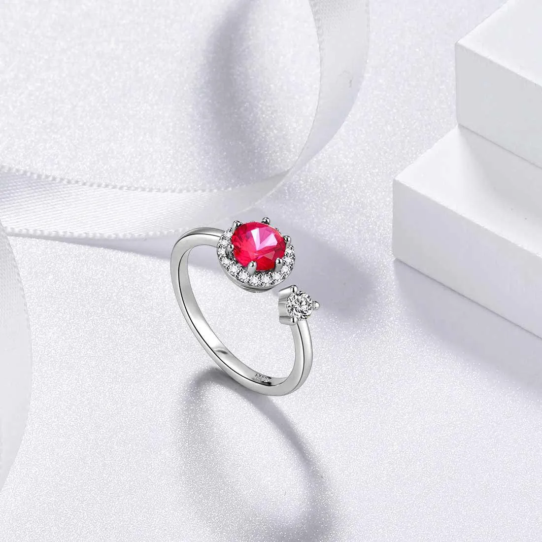 Round Birthstone July Ruby Ring Women Girls Jewelry Birthday Gift