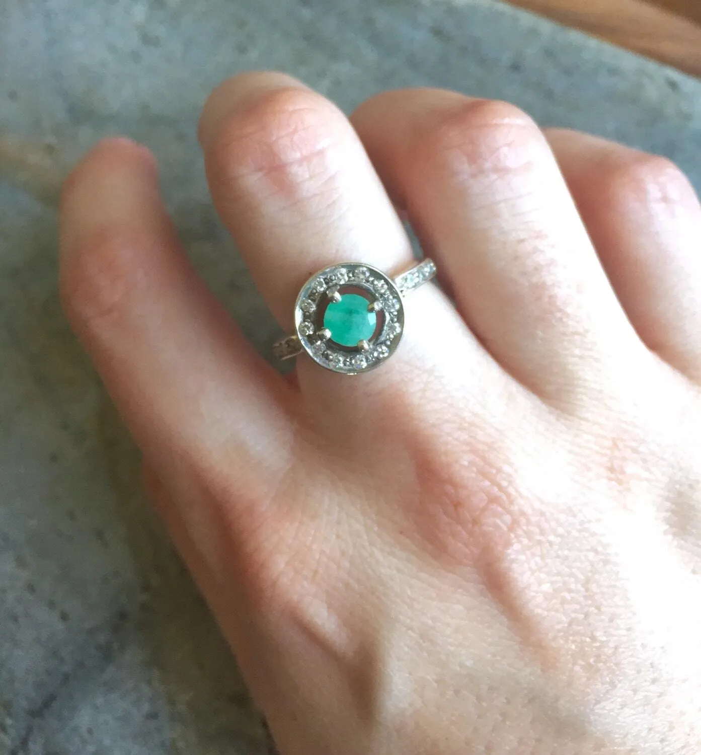 Round Emerald Ring - Green Halo Ring - Emerald Cluster Ring