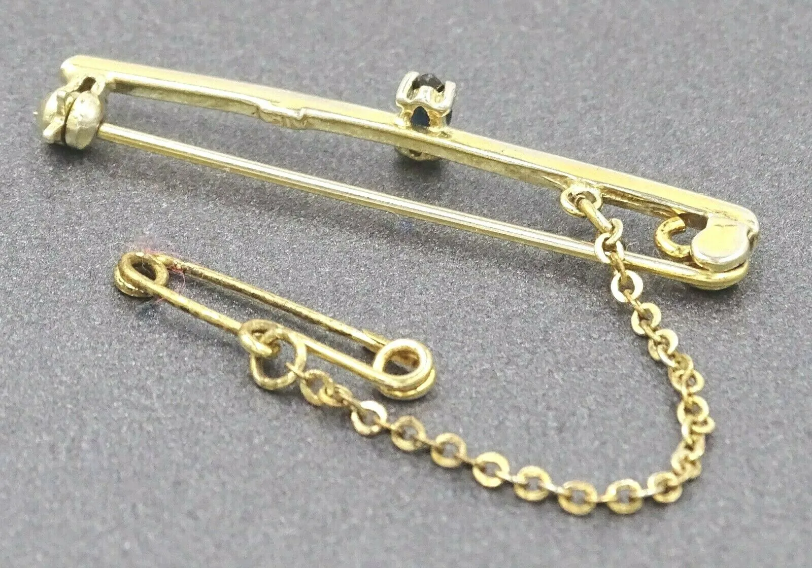 Sapphire Gold Plated Bar Brooch with Safety Chain & Pin