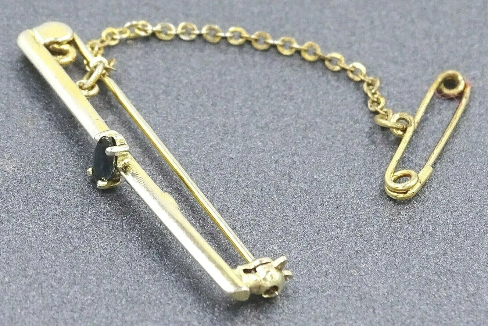 Sapphire Gold Plated Bar Brooch with Safety Chain & Pin