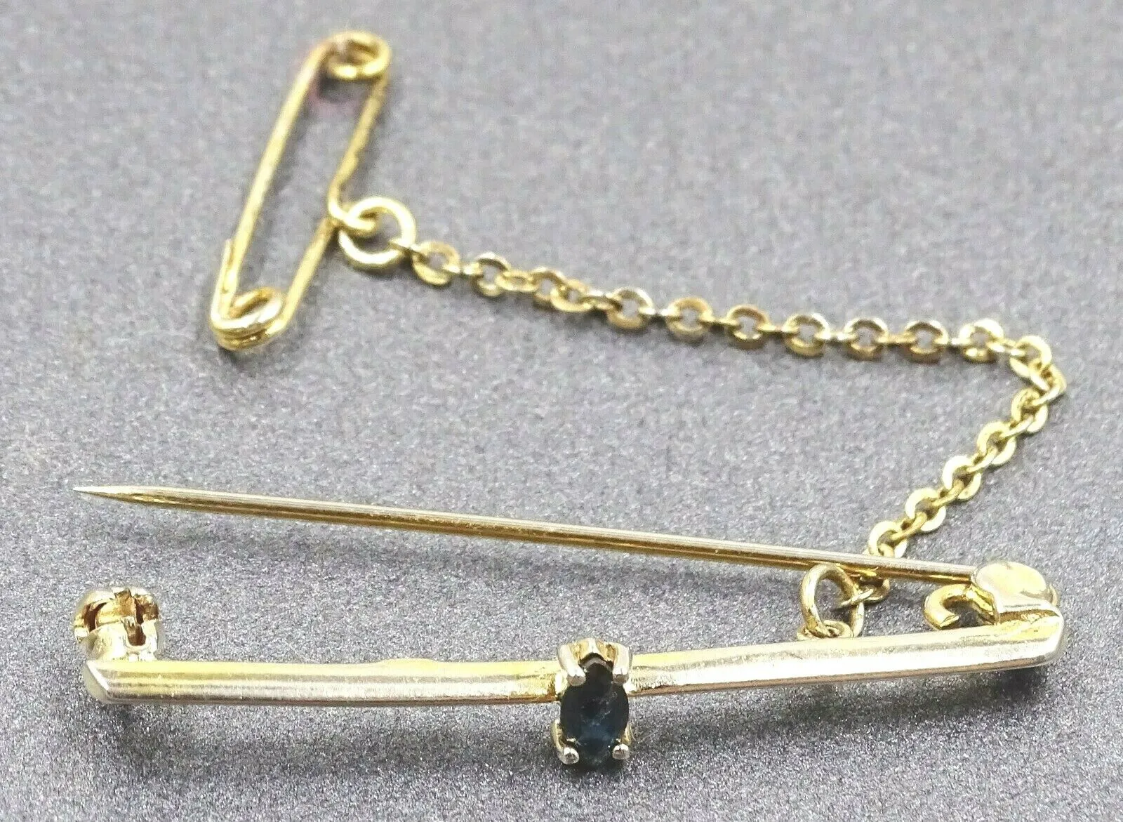 Sapphire Gold Plated Bar Brooch with Safety Chain & Pin