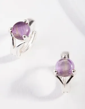 Silver Amethyst Center Stone Huggie Earrings