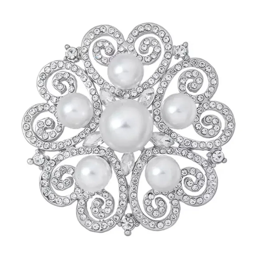 Silver Rhinestone & Pearl Brooch - Style 23 Silver