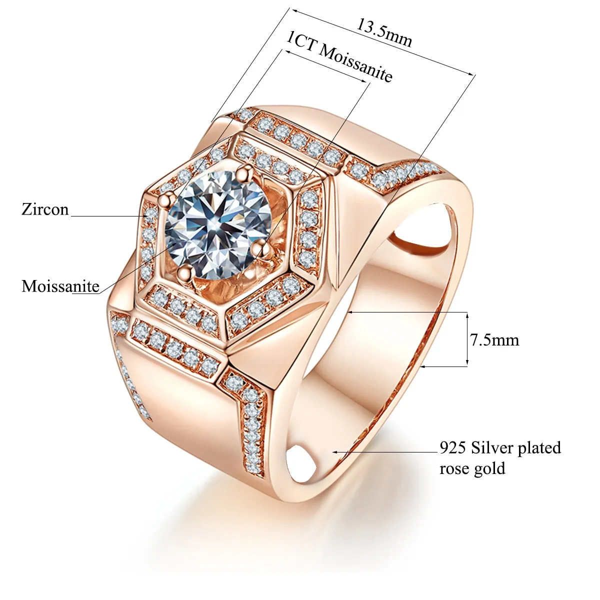 Trendy 1 Carat Round Cut Moissanite Diamond Mens Rings 100% 925 Sterling Silver Luxury Wedding Rose Gold Plated Jewelry