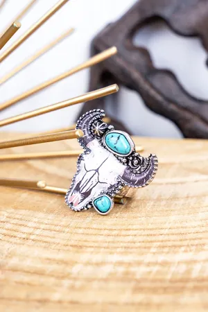 Turquoise Rodeo Ready Steer Silvertone Ring