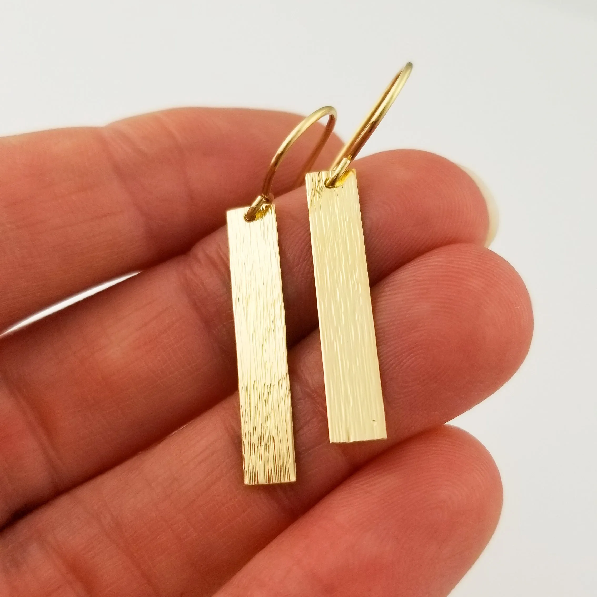 Vertically Hammered Solid 14k Gold Rectangle Earrings