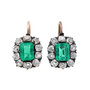 Victorian 15kt/Sterling Silver GIA Colombian Emerald & Diamond Cluster Earrings 4ctw 