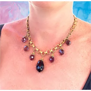 Vintage Brass & Large Purple Amethyst Drop Necklace 1940S