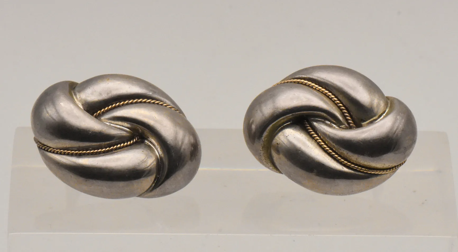 Vintage Sterling Silver and 14K Gold Knot Omega Back Earrings - READ DESCRIPTION