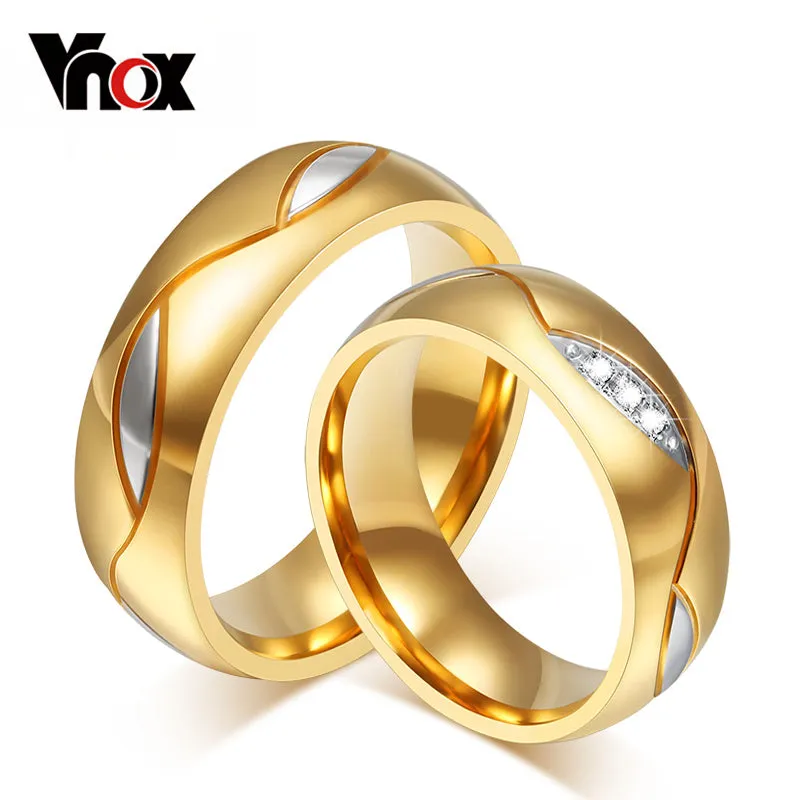 Vnox Wedding Ring for Women / Men Gold-Color Zircon Stone 316l Stainless Steel Finger Jewelry