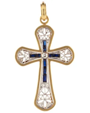 Yellow Gold Sapphire and Diamond Cross Fame and Fortune Pendant