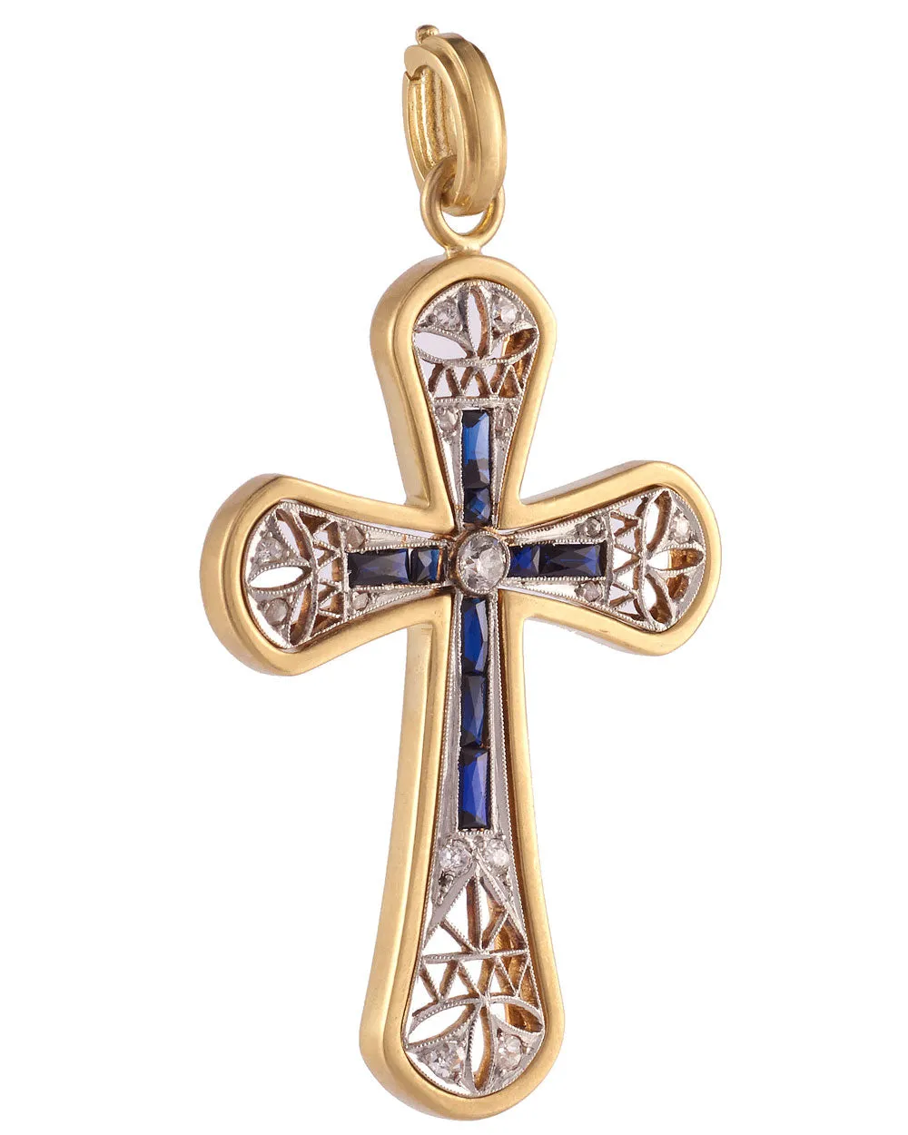 Yellow Gold Sapphire and Diamond Cross Fame and Fortune Pendant